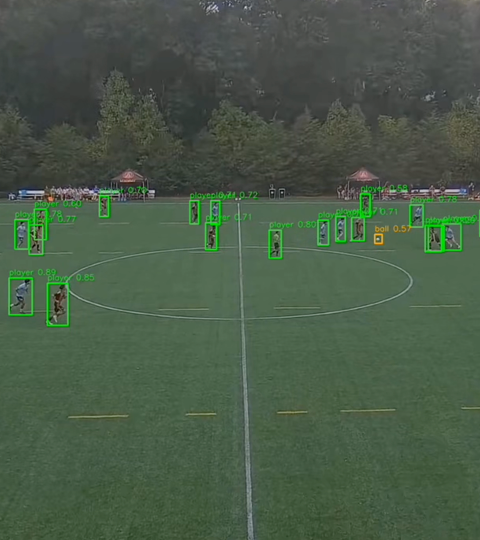 Computer vision player and ball detection from match video with bounding boxes and confidence scores